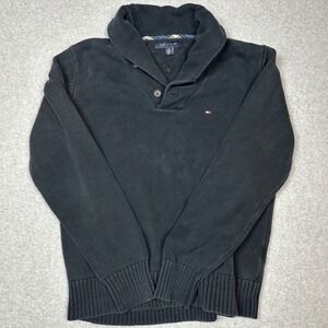 Tommy Hilfiger Mens Shawl Collar Button Sweater Black Cotton Knit Size M